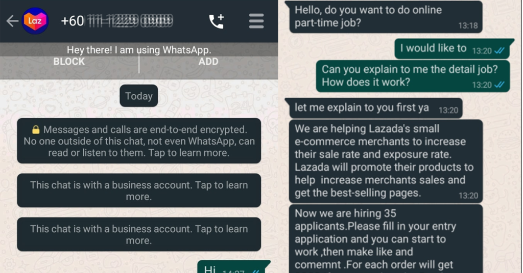 Man Receives Message From Lazada Job Recruiter Scam